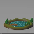 Round Pool Scene With Wooden Bridge Small Boat Green Trees And White Stones