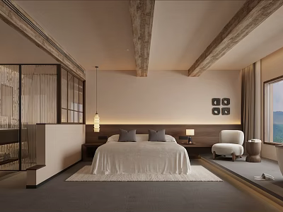 Minimalist Hotel Guest Room with Wooden Beams Large Bed and White Armchair by Window 3d model