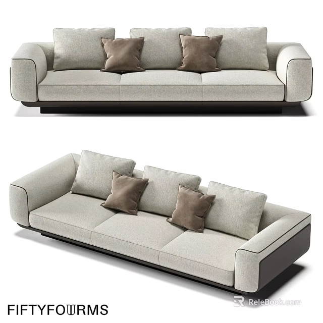 Modern Light Gray Double Sofa With Brown Cushions And Dark Armrests For Living Room 3d model 