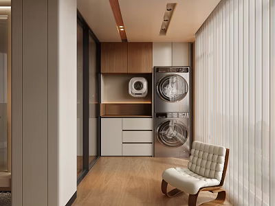 Home Balcony Interior With Stacked Washing Machines Storage Cabinets And Comfortable Chair 3d model
