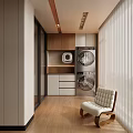 Home Balcony Interior With Stacked Washing Machines Storage Cabinets And Comfortable Chair