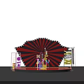 Eye Catching Stage Design With Red And Black Radial Stripes Backdrop And Decorative Props