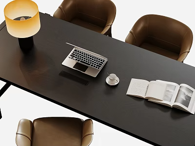 Black Office Desk With Laptop Coffee Cup Open Magazine And Brown Chairs 3d model