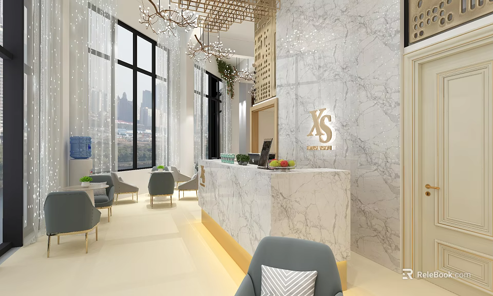 Elegant Wedding Dress Store Interior With Marble Reception Counter And Chandelier Lighting 3d model 