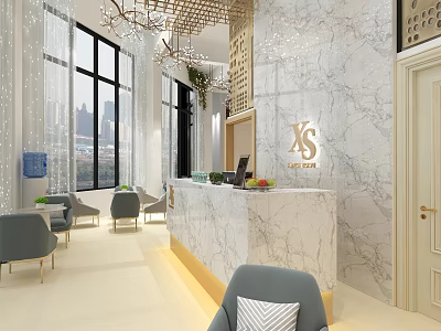 Elegant Wedding Dress Store Interior With Marble Reception Counter And Chandelier Lighting 3d model