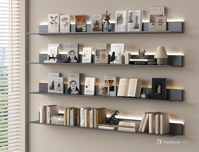 Stylish Books and Magazines Arranged on Wall Shelves in Bright Room With Decorative Ornaments 3d model 