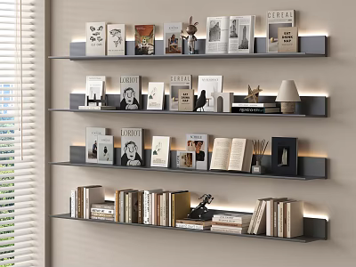 Stylish Books and Magazines Arranged on Wall Shelves in Bright Room With Decorative Ornaments 3d model