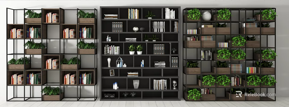Modern Open Design Bookshelf With Multi Tiered Shelves Books Green Plants And Decorative Items 3d model 