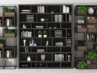 Modern Open Design Bookshelf With Multi Tiered Shelves Books Green Plants And Decorative Items 3d model