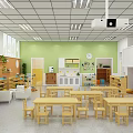 Bright Kindergarten Classroom With Wooden Tables Chairs Whiteboard And Orange Circular Decorative Walls