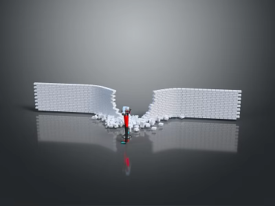 Scenic Landscape with White Block Walls Gap Red Statue Scattered Blocks Black Ground and Reflection 3d model