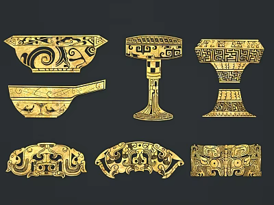 Golden Traditional Wall Decor With Intricate Patterns And Various Ancient Designs 3d model