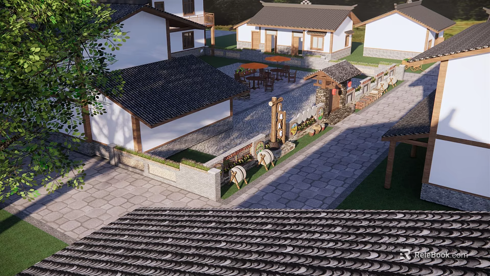 Rural Self built House With Traditional Tiled Roof Courtyard And Stone Path Design 3d model 