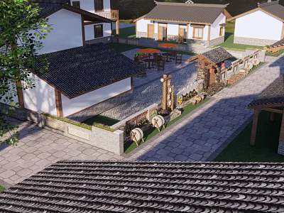 Rural Self built House With Traditional Tiled Roof Courtyard And Stone Path Design 3d model