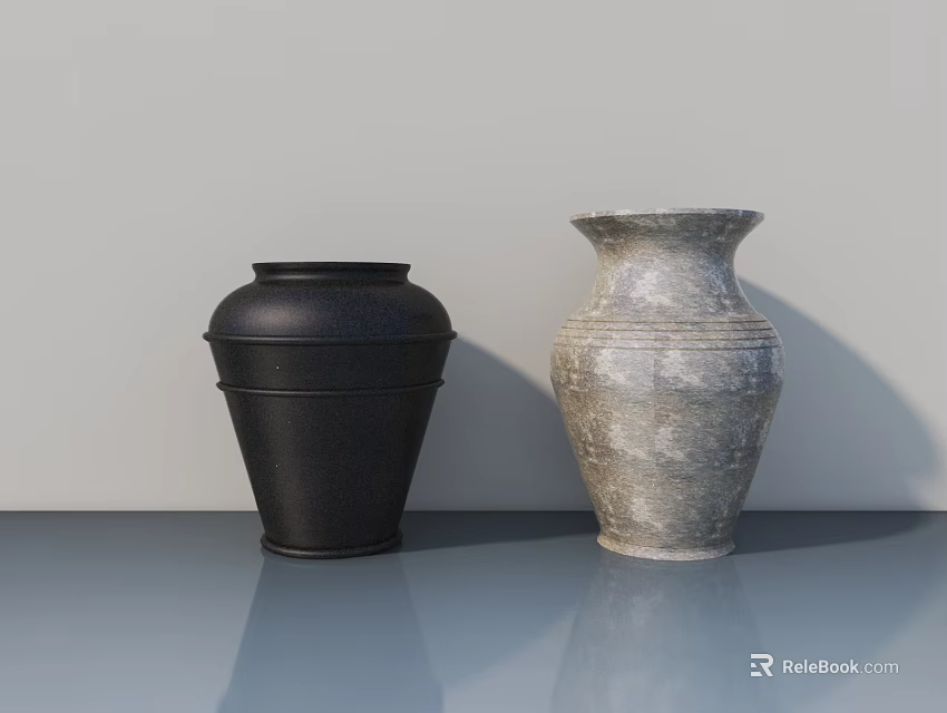 Black And Gray Ceramic Vases With Textured Surfaces On Smooth Tabletop Light Background 3d model