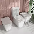 Three White Toilets in Modern Bathroom with Pink Striped Wall and Green Palm Leaves