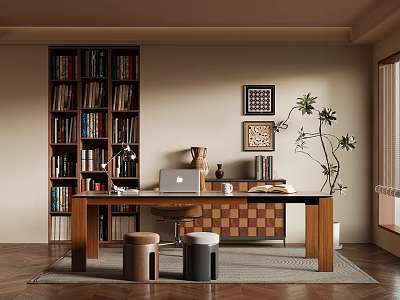 Cozy Study Room Interior With Wooden Desk Bookshelf Laptop Decorations And Potted Plant 3d model