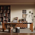 Cozy Study Room Interior With Wooden Desk Bookshelf Laptop Decorations And Potted Plant