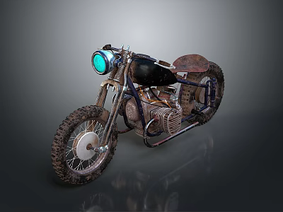 Vintage Motorcycle With Classic Design Blue Headlight Brown Seat Large Tires And Metal Frame 3d model