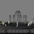 Garden Ornament Featuring Circular Fountain With Multiple Water Jets White Decorative Figures And Green Plants