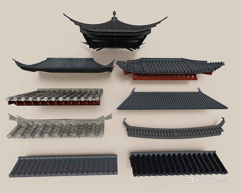 Traditional Chinese Roof Components With Curved Eaves Black Gray Tiles And Red Bases 3d model 