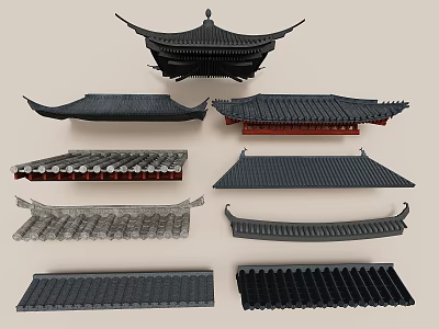 Traditional Chinese Roof Components With Curved Eaves Black Gray Tiles And Red Bases 3d model