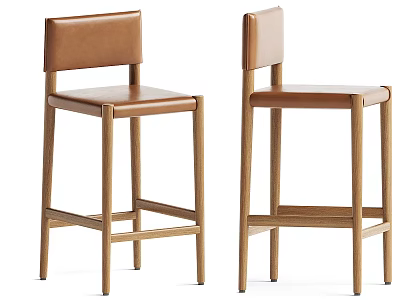 Modern Leather Bar Stools With Light Wooden Legs And Minimalist Design 3d model