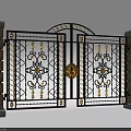 Decorative Wrought Iron Entrance Gate With Brick Pillars Arched Top And Golden Accents