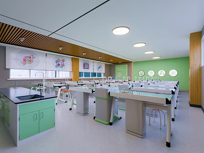 Modern Laboratory Interior With Green Cabinets Lab Tables Faucets Windows And Chairs 3d model