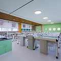 Modern Laboratory Interior With Green Cabinets Lab Tables Faucets Windows And Chairs