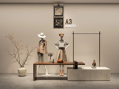 Clothing Store Interior With Stylish Mannequins Fashionable Outfits Display Table And Plant Decoration 3d model