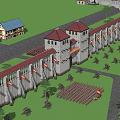 Ancient Architecture With Red Roofs Stone Walls Flags And Soldiers In Formation