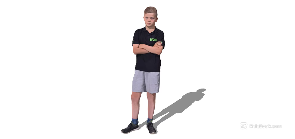 Young Man Standing With Arms Crossed In Black T-shirt And Gray Shorts With Green Text 3d model 