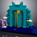Teal Decorative Gate With Golden Door Carved Decorations Purple Corals Fish And Dark Blue Base