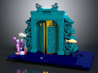 Teal Decorative Gate With Golden Door Carved Decorations Purple Corals Fish And Dark Blue Base 3d model