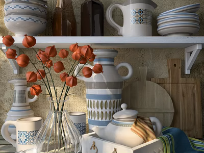 Elegant Kitchenware Display On Shelf With Bowls Mugs Plates Teapot And Cutting Boards 3d model