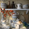Elegant Kitchenware Display On Shelf With Bowls Mugs Plates Teapot And Cutting Boards