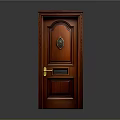 Red Wooden Door With Ornate Circular Medallion And Golden Handle Design