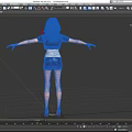 Blonde Game Movie Character in Black Jacket White Top Black Shorts Arms Outstretched Gray Background