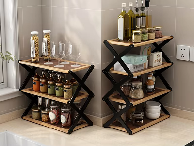 Kitchen Multi Tier Storage Shelf with Wooden Layer and Black Metal Frame for Spices Glasses 3d model