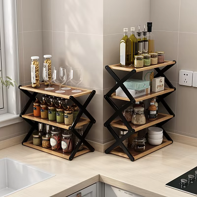 Kitchen Multi Tier Storage Shelf with Wooden Layer and Black Metal Frame for Spices Glasses 3d model