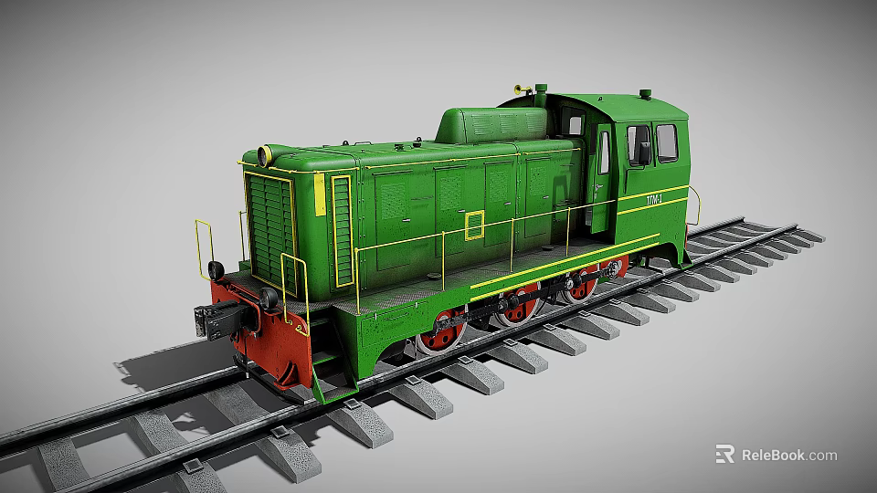 Green Train Locomotive on Railway Tracks With Yellow Line Decorations and Red Wheels 3d model 
