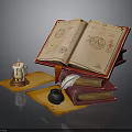 Vintage Open Ancient Book Scene with Feather Quill Inkwell Candle and Stacked Books