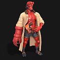 Red Horned Game Movie Character With Beige Trench Coat Black Shorts And Mechanical Claw