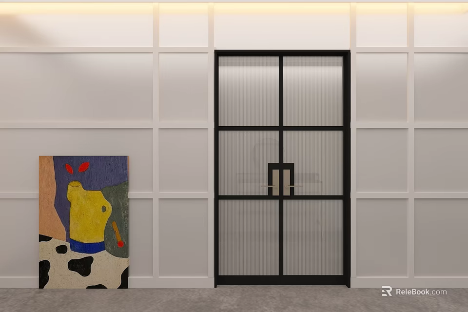 Modern Black Frame Glass Double Doors With White Square Paneled Wall And Colorful Painting 3d model 