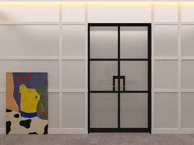 Modern Black Frame Glass Double Doors With White Square Paneled Wall And Colorful Painting 3d model