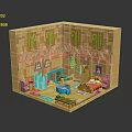 Cartoon Room Scene With Yellow Walls Green Decor Blue Windows Fireplace Rug Bed And Furniture