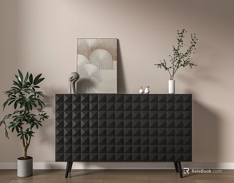 Black Diamond Pattern Console Table with Decorations Green Plants and Abstract Painting in Entryway 3d model 