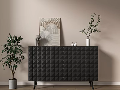 Black Diamond Pattern Console Table with Decorations Green Plants and Abstract Painting in Entryway 3d model