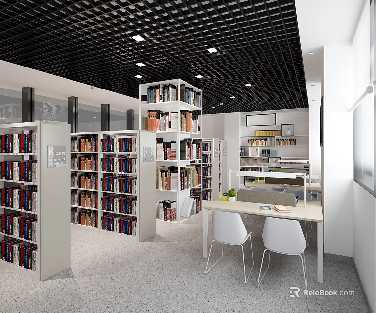 Creative Library Interior Art Design With Bookshelves Books Study Tables And Chairs 3d model